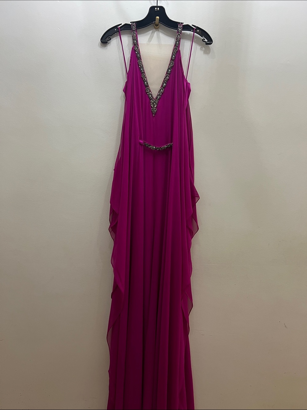Theia Fuchsia Beaded V-Neck Maxi Gown - Picture 8 of 12